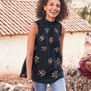 Sundance Altamira Black Floral Embroidered Sleeveless Lined Top Blouse XL